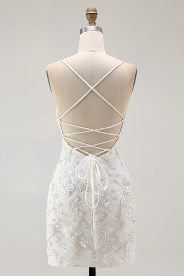 White Bodycon Spaghetti Straps Appliqued Homecoming Dress with Slit